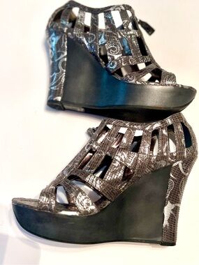 Nadara Metallic Gunmetal Cutout Wedge Sandals